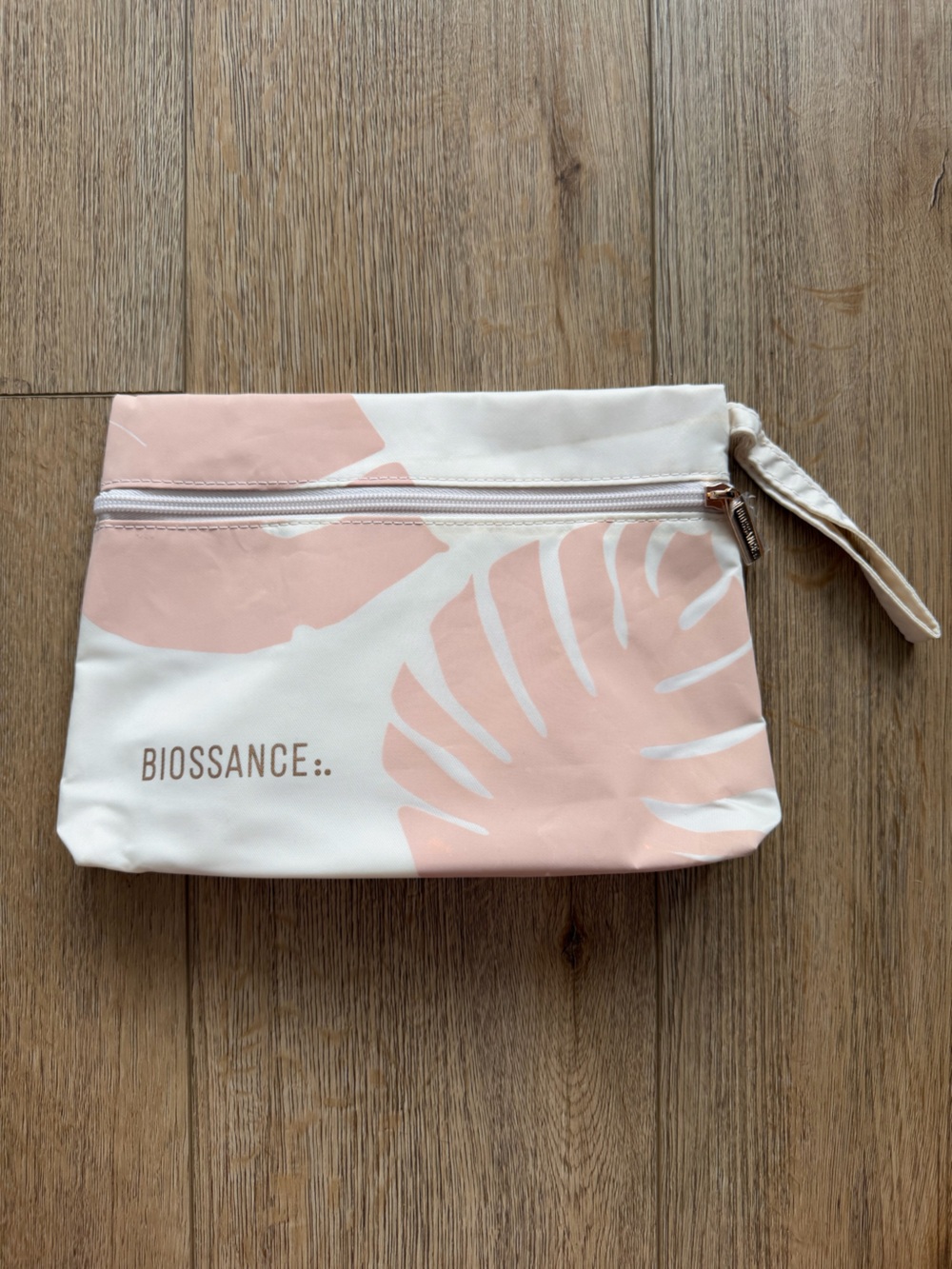 Biossance Pink & White Leaf-Print Cosmetic Pouch